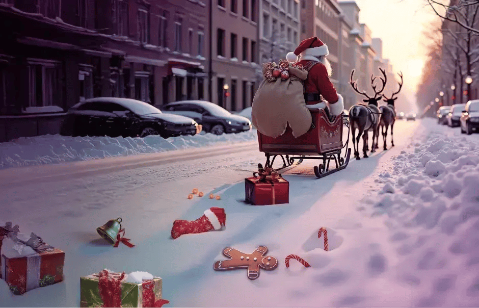 Le Père Noël conduit son traîneau sur la route tandis que les cadeaux tombent de son sac.