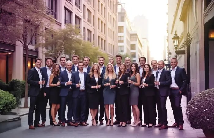 Un grand groupe d'hommes d'affaires en tenue professionnelle se tient devant un immeuble de bureaux moderne et lève des coupes de champagne pour célébrer un événement.