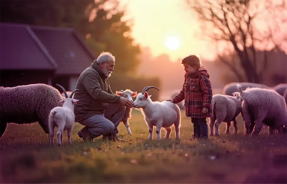Granja en Inglaterra con niños, adolescentes y adultos veteranos cuida ovejas y otros animales de vida.