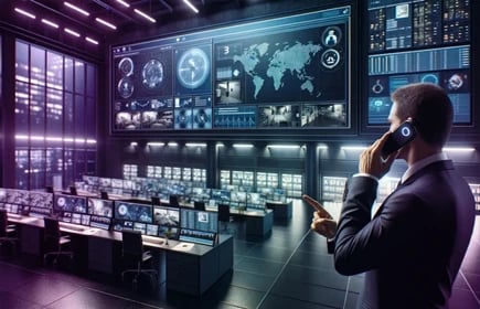 Mann mit Handy am Ohr steht in einem großen modernen Büro mit Blick auf große Bildschirme an der Wand