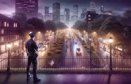 Sicherheitsmann steht auf Brücke und kontrolliert nachts den fahrenden Stadtverkehr.