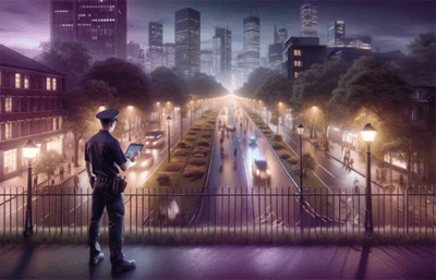 Security guard stands on a bridge at night and watches the passing traffic with a tablet in his hand, a skyline can be seen in the background