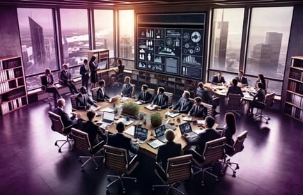 Large office with conference table where several people in suits sit and look at a large screen on the wall