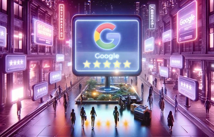 Große Anzeige auf Bildschirm mit Fünf-Sterne-Bewertungen auf Google