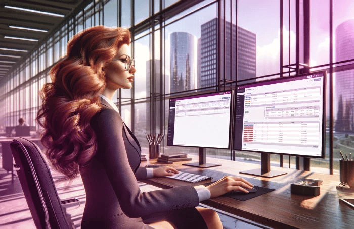 Business woman sitting in office at front of two screens