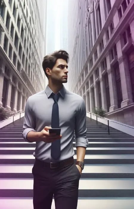 رجل أعمال يحمل هاتفًا ذكيًا يعرض تطبيق إدارة القوى العاملة من COREDINATE، يقف أمام مباني مكاتب.