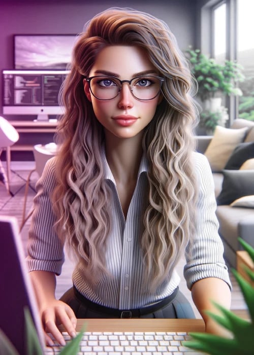 Moderne junge Frau sitzt zu Hause am Schreibtisch mit Tastatur vor ihr und schaut direkt in die Kamera.