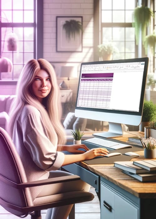 Junge Frau sitzt an Schreibtisch mit Computer vor sich