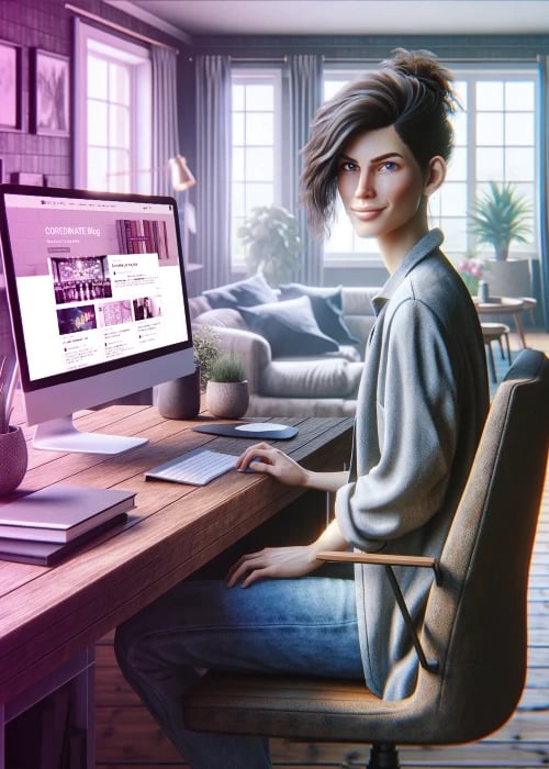 Marketing Assistentin sitzt vor Computerbildschirm und schreibt einen Blogbeitrag