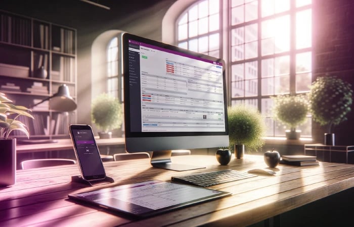 Modern office with bright windows showing desktop PC computer, smartphone and tablet on desk with COREDINATE 