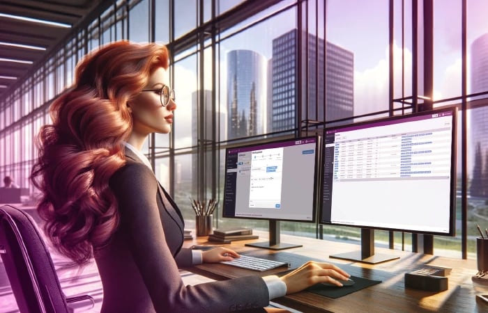 Woman with duty roster at desk in office in front of two screens