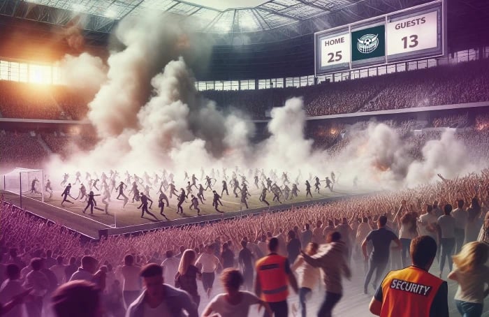 Des personnes courent sur le terrain lors d'un mouvement de panique dans le stade.