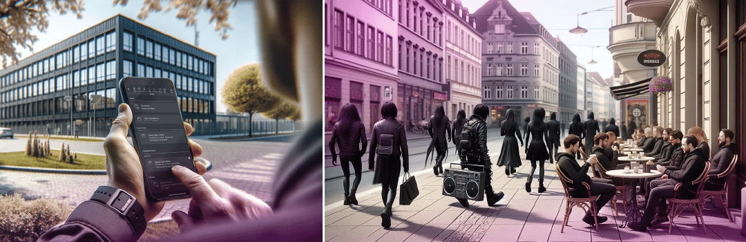left image: Man using COREDINATE mobile app on his phone; right image: crowd walking streets