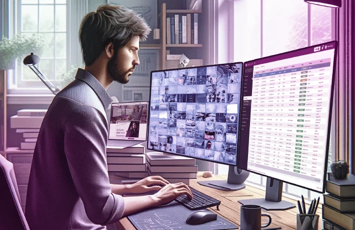 Man sitting on front of three TV screens