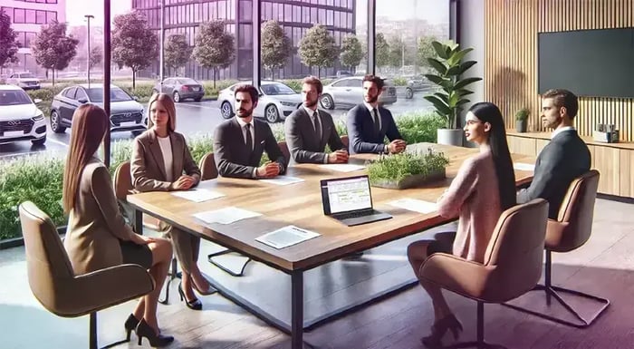 People in a meeting room with the COREDINATE workforce management app displayed on a laptop