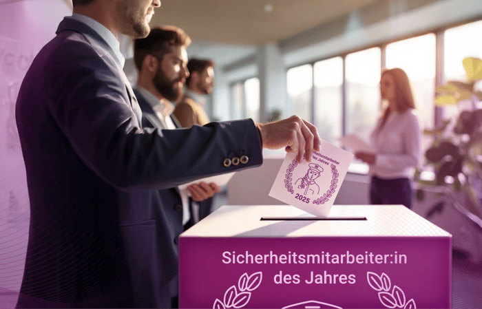 Eine Person wirft einen Stimmzettel für den „Sicherheitsmitarbeiter:in des Jahres 2025“ in eine Wahlurne ein. Weitere Personen warten im Hintergrund.