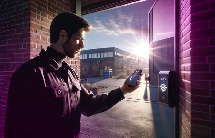 Security guard scanning NFC tag with his smartphone