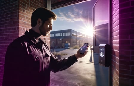 Sicherheitsmitarbeiter scannt mit seinem Handy Smartphone ein NFT Tag auf seinem Kontrollrundgang auf einem Industriegelände.