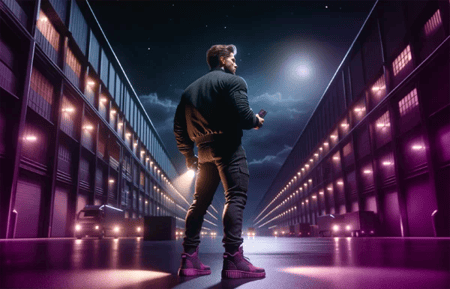 رجل يرتدي حذاءً رياضياً أرجوانياً يعمل ليلاً حاملاً مصباحاً في المباني الصناعية ويقوم بدوريات.
