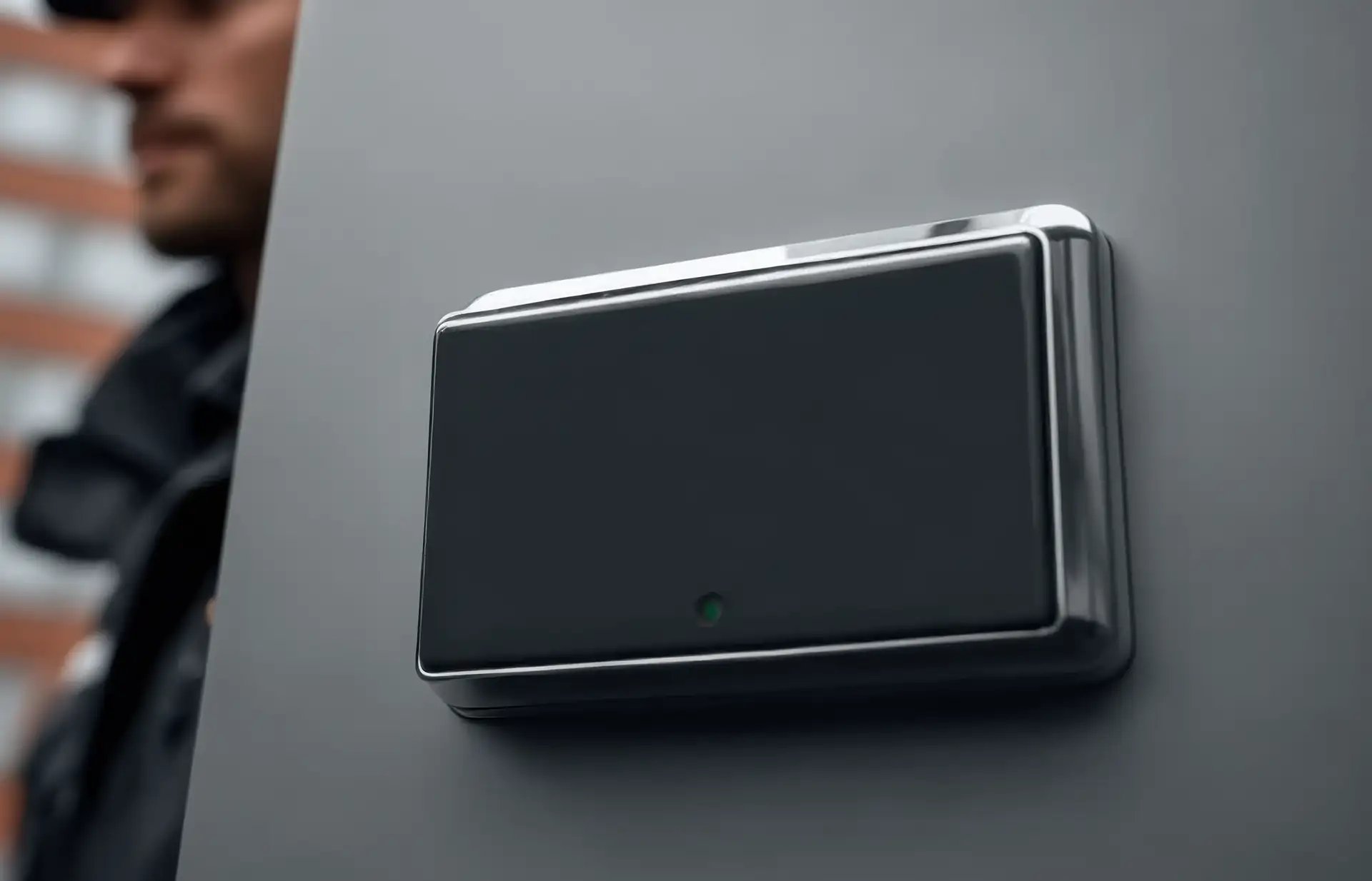 Bluetooth-Beacon an Gebäudeoberfläche mit Sicherheitsmitarbeiter im Hintergrund – automatisierte Erfassung für Sicherheitsrundgänge