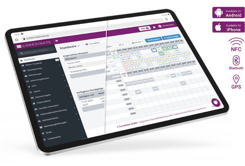 COREDINATE portal dashboard and duty roster on a tablet