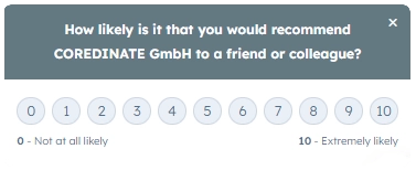 Screenshot Net Promoter Score NPS COREDINATE asking to rate the company on a scale from 0 to 10