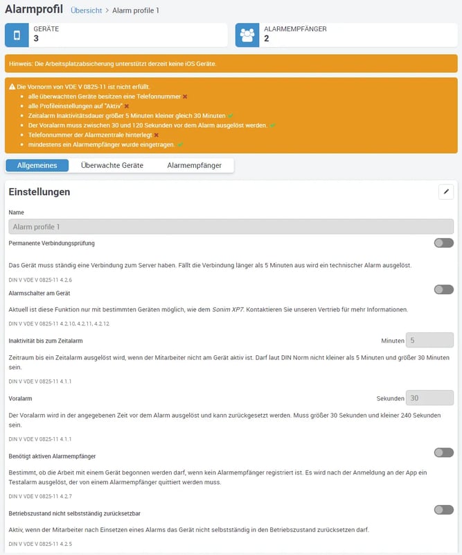 Alarmprofil, Ueberwachte Geraete, einstellungen, Arbeitsplatzsicherung