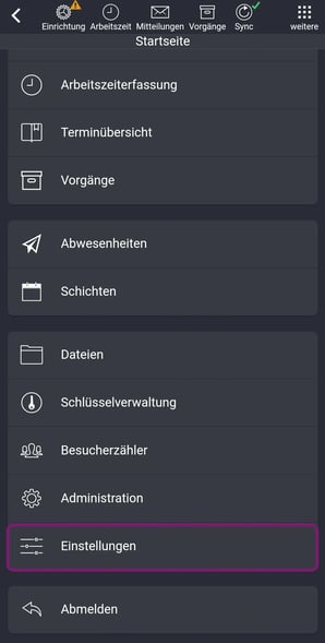 App, Einstellungen, Menue