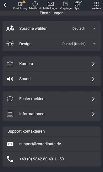 App, Einstellungen, Menue