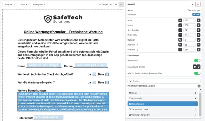 Formular anlegen verschiedene Felder gleichzeitig markieren