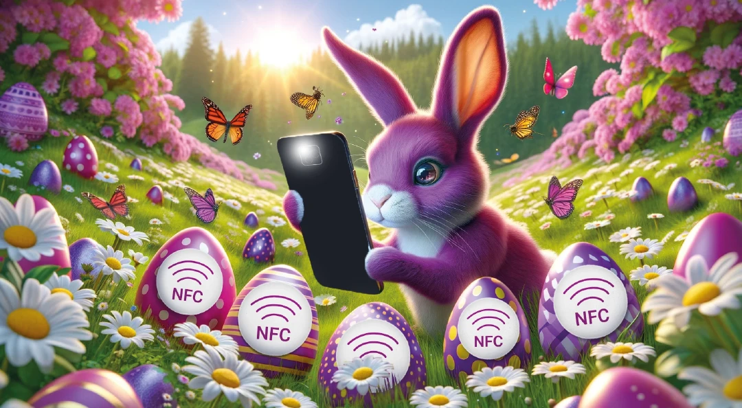 Der Osterhase scannt mit dem Smartphone und der COREDINATE-App NFC-Tags auf Ostereiern.