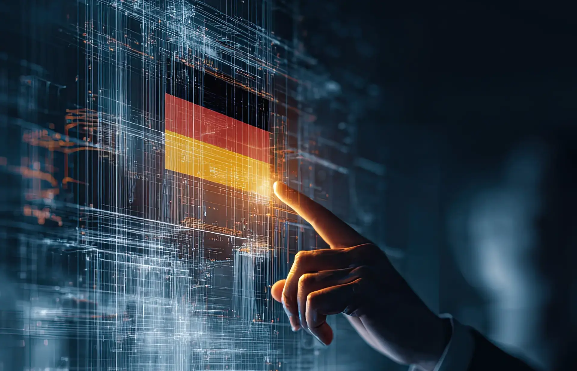 Finger tippt auf digitale Benutzeroberfläche mit eingeblendeter deutscher Flagge.