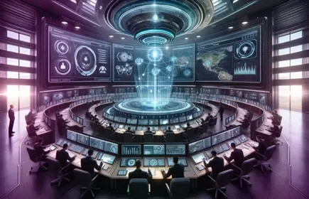 Großer futuristischer Raum mit vielen Bildschirmen in dem mehrere Mitarbeiter an Computern im Kreis sitzen und arbeiten