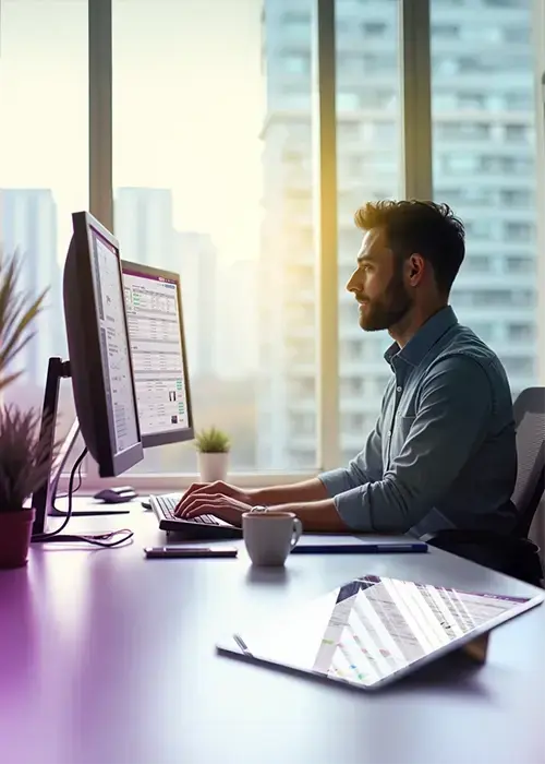 Junge Frau sitzt an Schreibtisch mit Computer vor sich