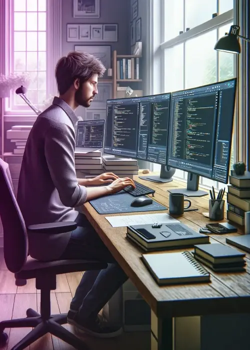 Informatiker vor drei Monitoren bei der Programmierarbeit