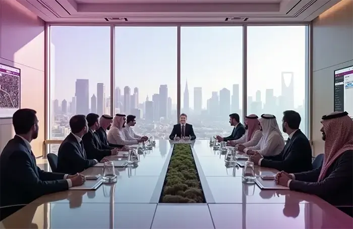 Business meeting in a modern office in Saudi Arabia, skyscrapers in the background