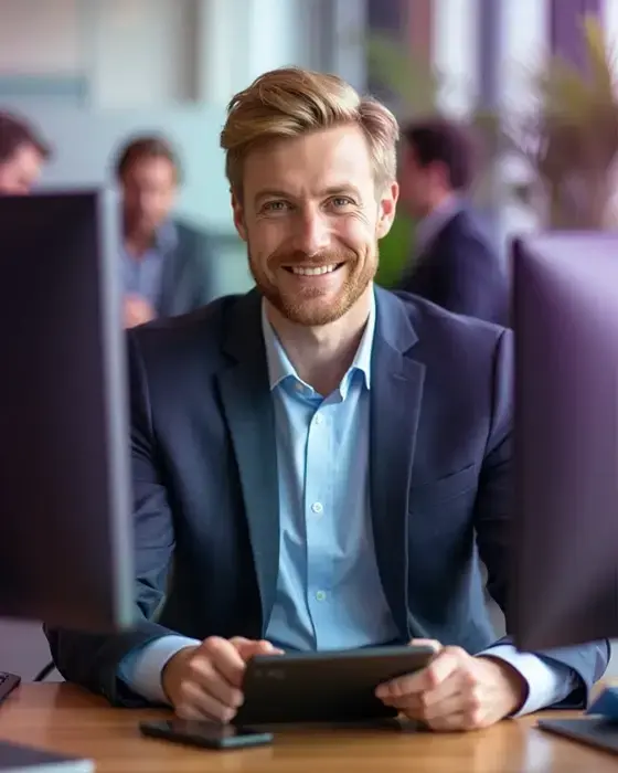Junge Mann in Business-Kleidung sitzt in einem modernen Büro und lächelt in die Kamera während er ein Tablet in der Hand hält.