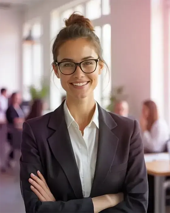 Junge Frau in Business-Kleidung steht mit verschränkten Armen im Büro und lächelt in die Kamera