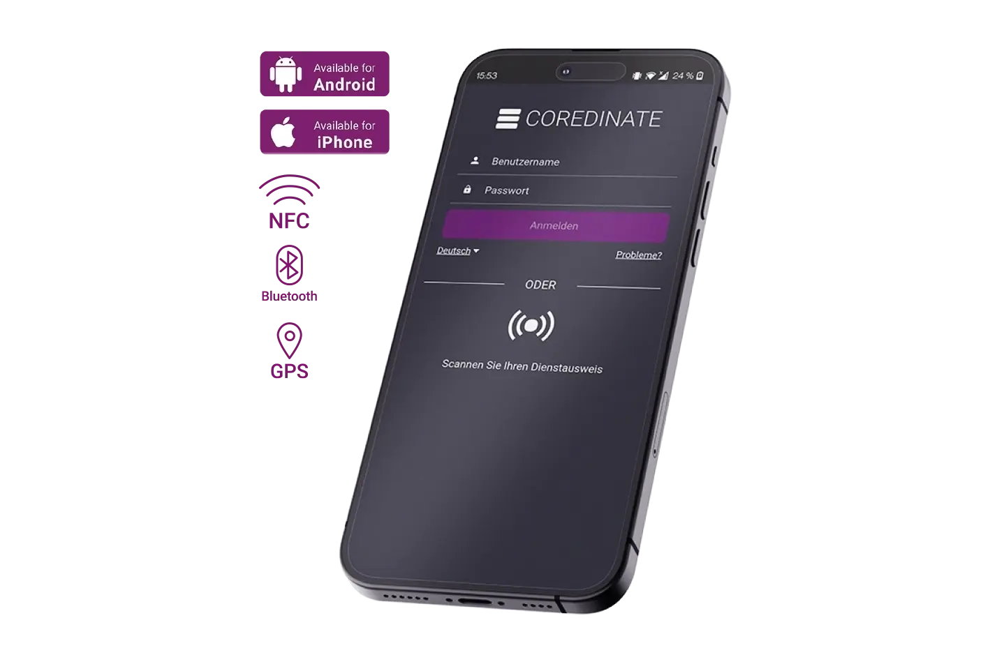 COREDINATE_App_login_shown_on_smartphone_screen