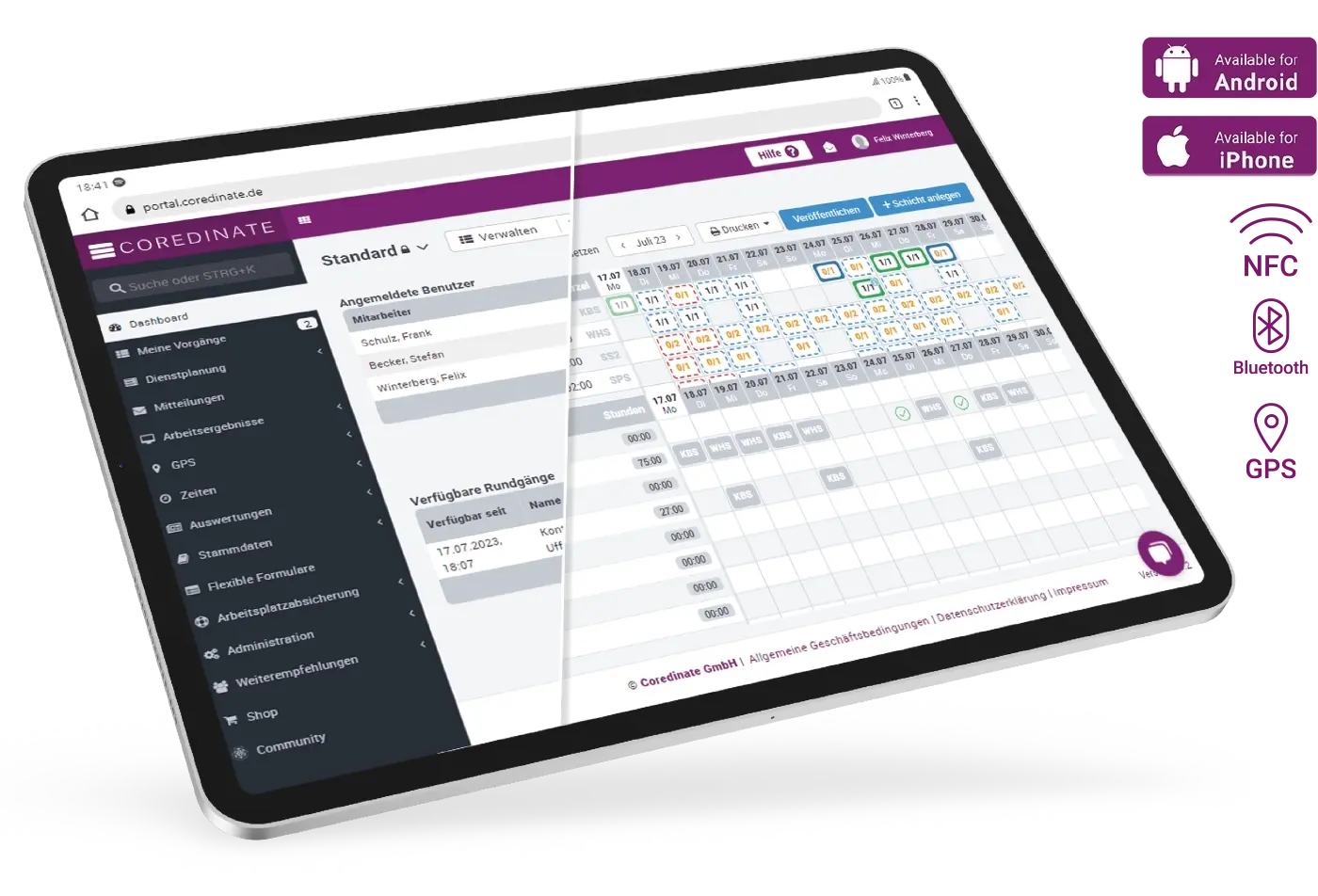 COREDINATE_Portal_dashboard_and_duty_roster_shown_on_tablet_screen