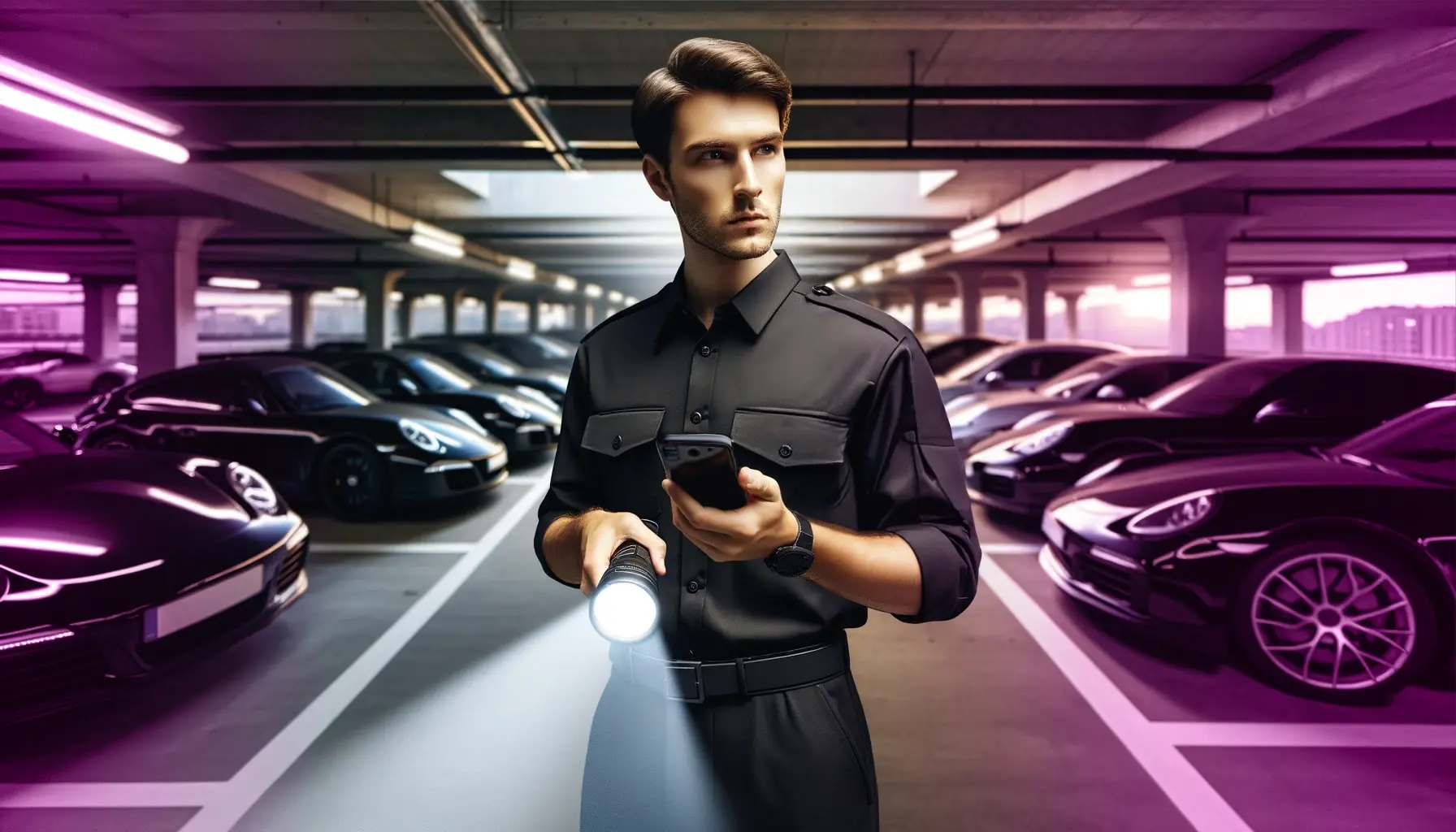 COREDINATE_Security_Guard_with_torch_walking_patrol_in_car_park