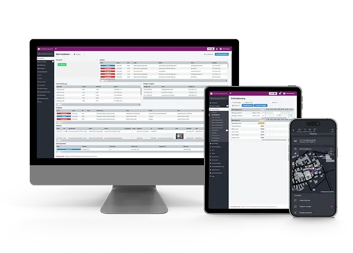 PC-Monitor und Tablet zeigen einen Bildschirm aus der COREDINATE-OWKS-App.