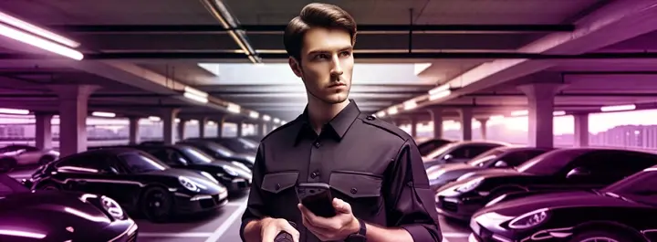 Homme dans un parking avec des voitures lors d'un tour de contrôle avec une lampe de poche Man at Parkinglot with Cars on Control Round with Torch and Phone