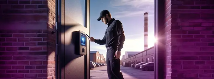 Homme scannant un point de contrôle avec son téléphone portable Man scanning checkpoint with mobile phone NFC