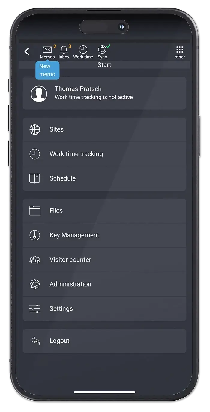 App dark mode start page.