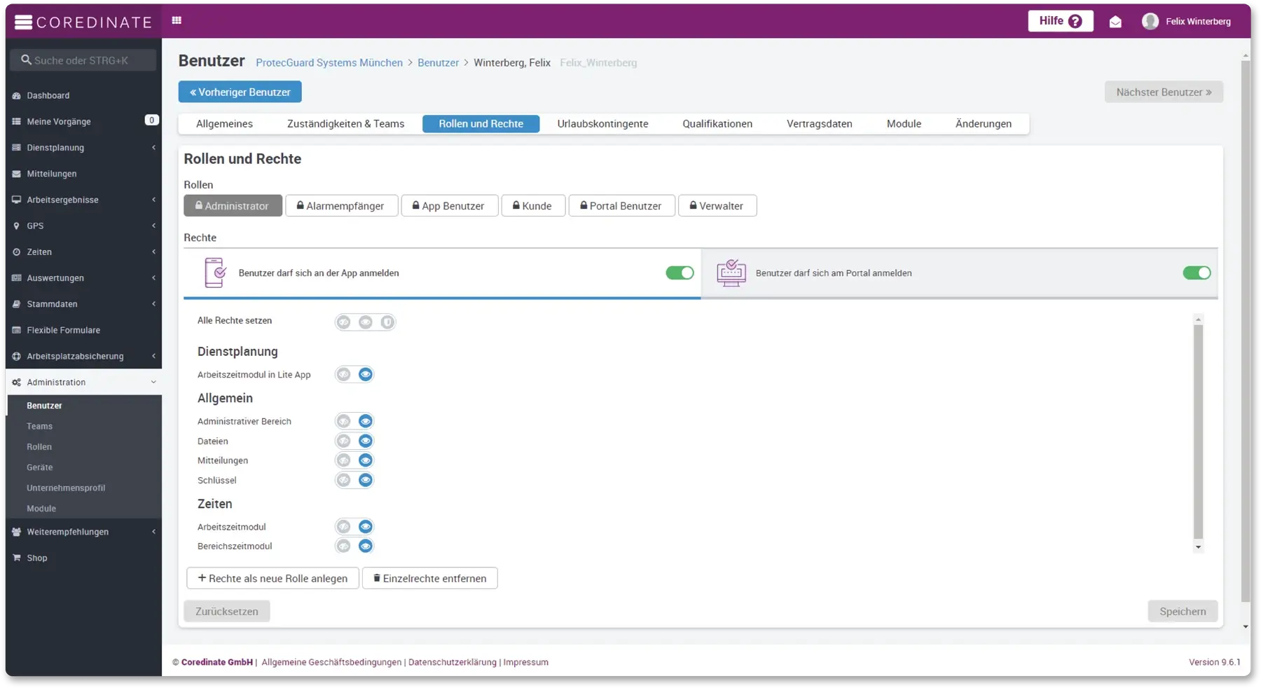 COREDINATE Portal Administration Benutzer Rollen und Rechte