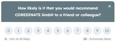 Screenshot Net Promoter Score NPS COREDINATE asking to rate the company on a scale from 0 to 10