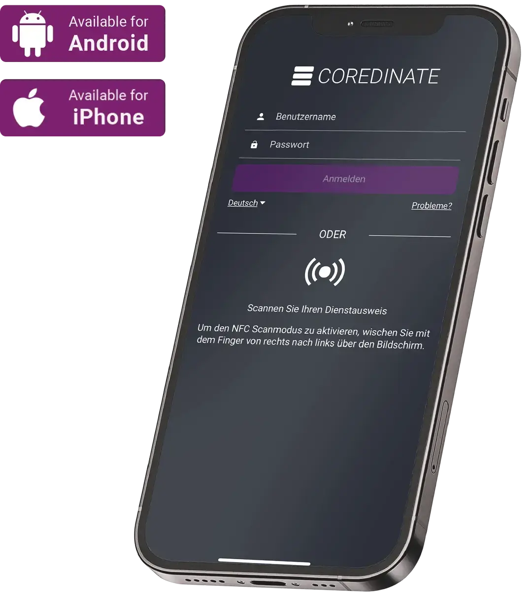 Smartphone-Login des COREDINATE-OWKS® (Betriebssystem iOS oder Android)