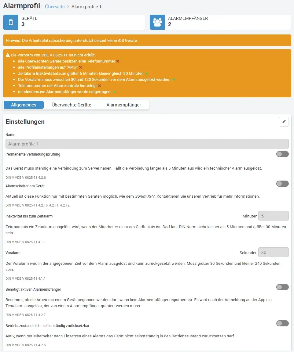 Alarmprofil, Ueberwachte Geraete, einstellungen, Arbeitsplatzsicherung