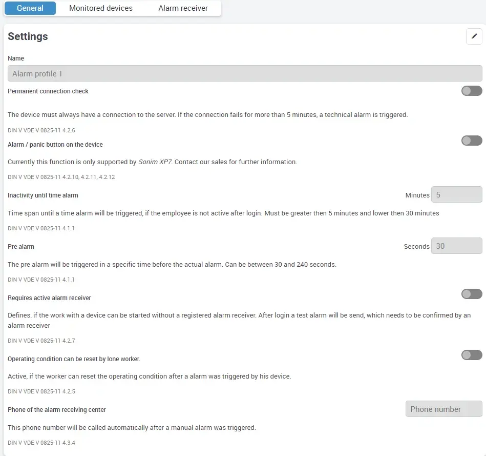 Alarm profile, Monitored devices, Settings, loneworkerprotection, security